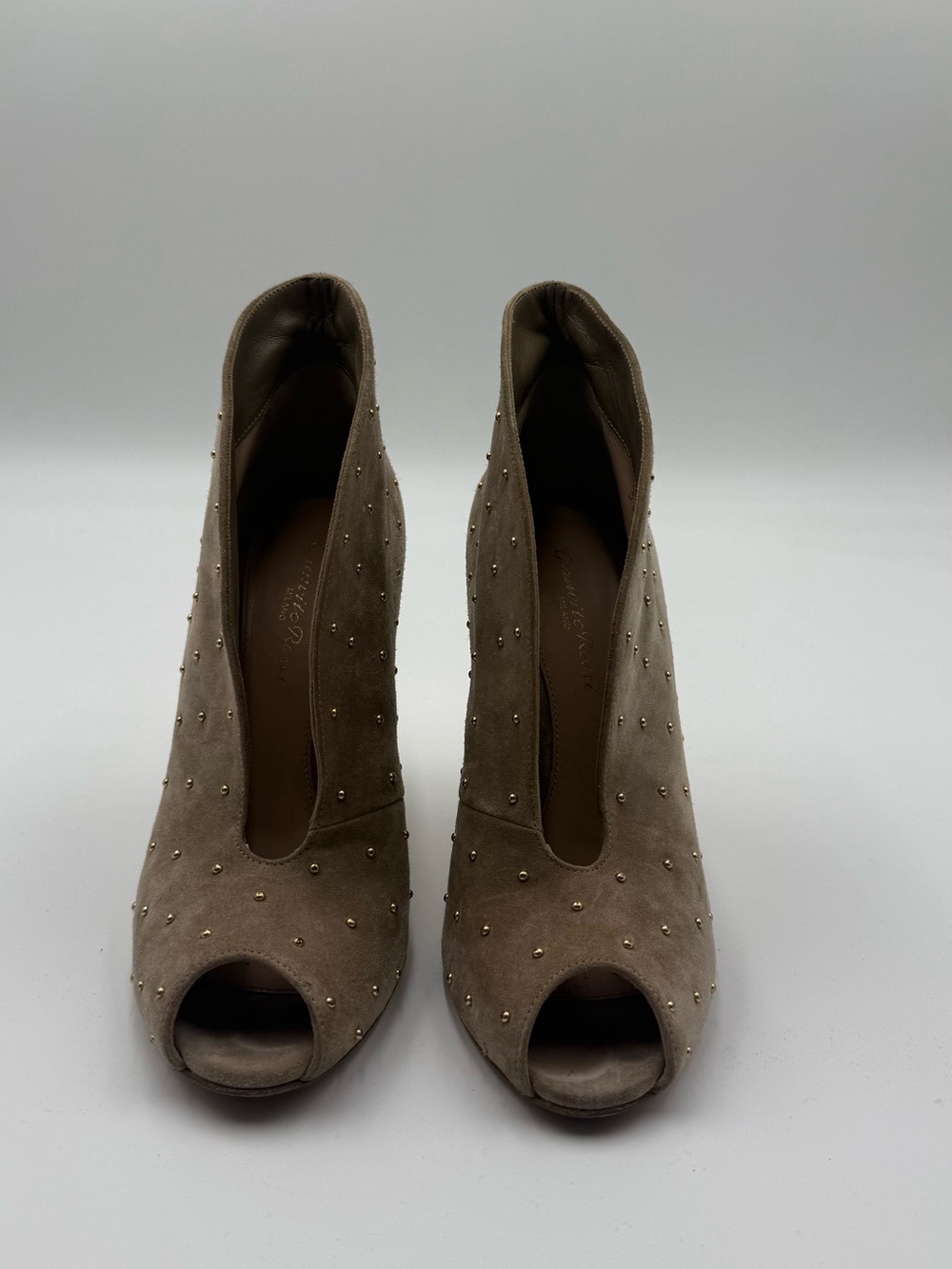 Gianvito Rossi Taupe Suede Peep-Toe Booties with Gold Studs